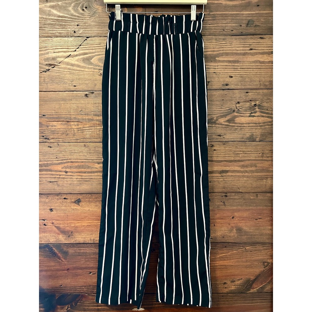 Striped Paperbag Pants Womens S Black White Business Casual Lightweight Preppy
